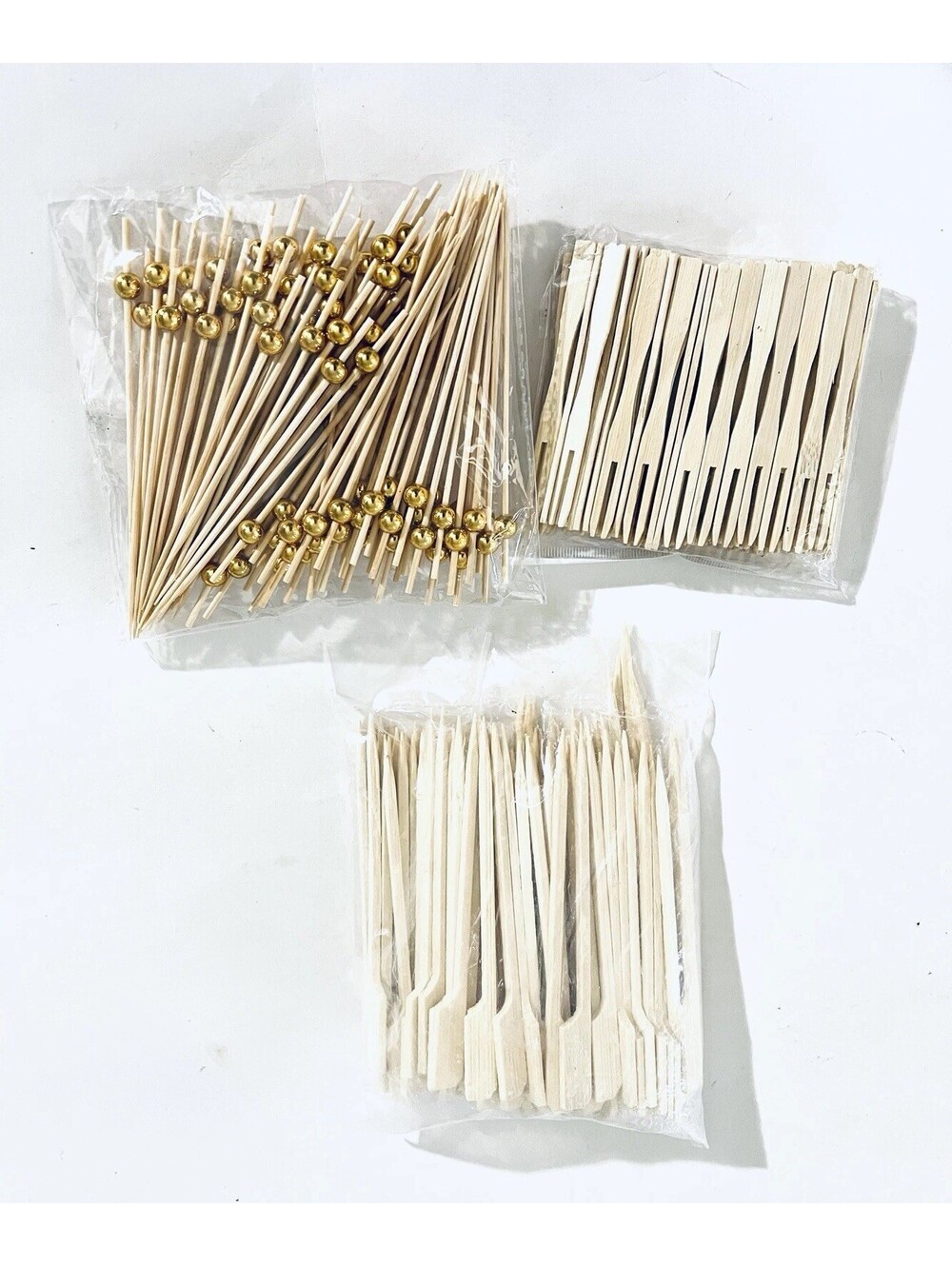 Approx 300 Bamboo Cocktail Picks Mini Forks Gold Bead Skewers Party Lot New